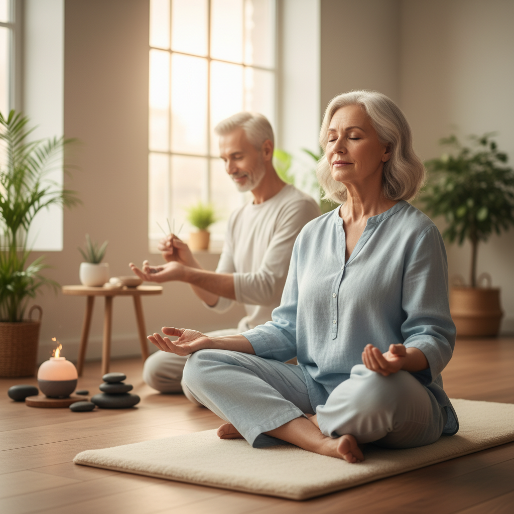 Une personne âgée pratiquant une forme de médecine douce, comme la sophrologie ou l'acupuncture, symbolisant le bien-être par les thérapies alternatives.